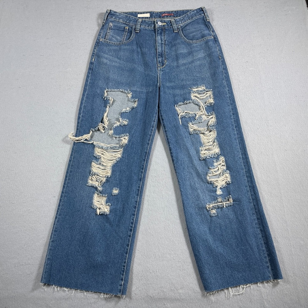Pilcro Joey Wide Leg Jeans Women Size 28 Distressed Ripped Blue Denim Grunge